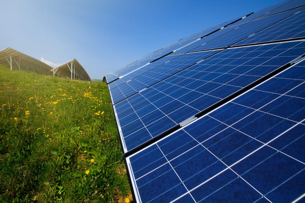 Solar panels, blue sky and green grass in bright sunshine